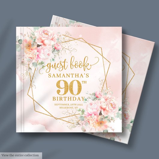 Bohemian Chic Blush Pink Gold Floral 90th Birthday Gastenboek