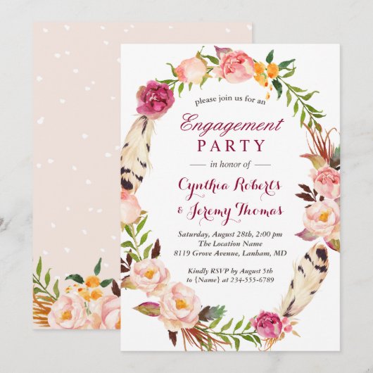Bohemian Chic Boho Floral Wreater Engagement Party Kaart (Voorkant / Achterkant)