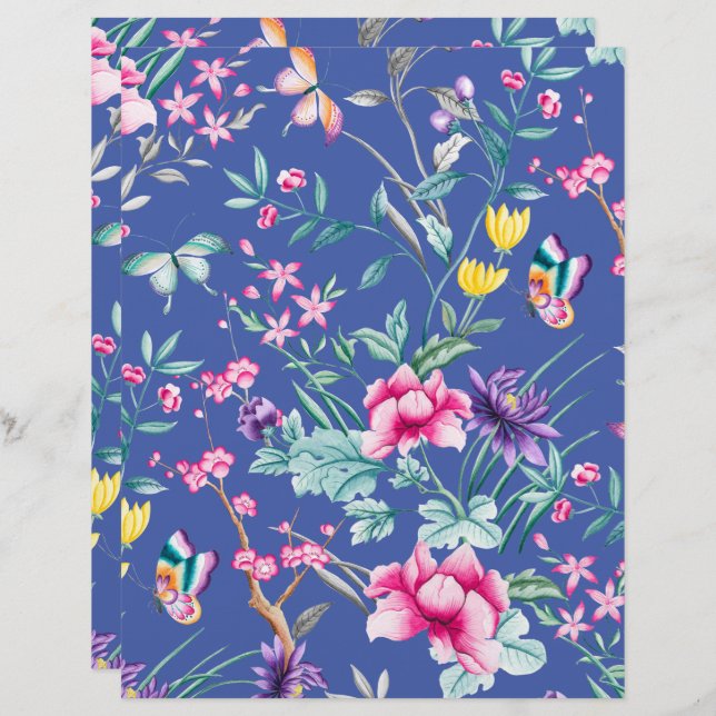 Bohemian Chic Floral Pattern Blue Scrapbook Paper (Voorkant / Achterkant)