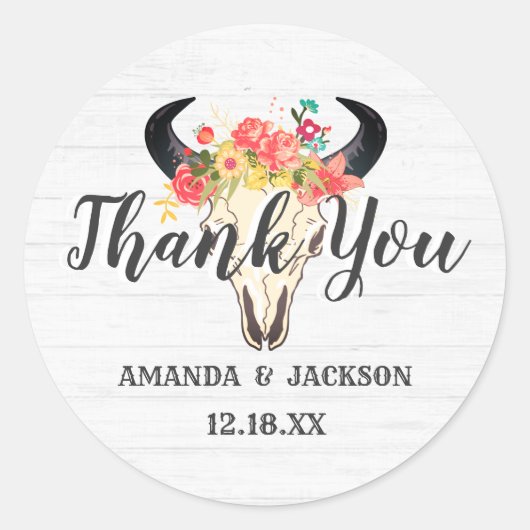Bohemian Chic Koe schedel bloemenbruiloft dank u Ronde Sticker (Voorkant)