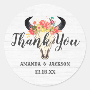 Bohemian Chic Koe schedel bloemenbruiloft dank u Ronde Sticker