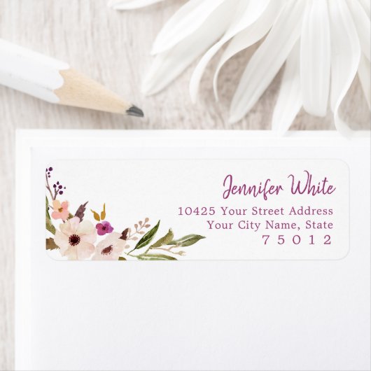 Bohemian Chic Paarse Bloemige Retouradreslabels Etiket (Insitu)