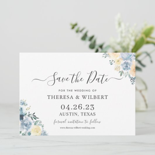 Bohemian Chic Vanilla Blue Wedding Save the Date Kaart (Staand voorkant)