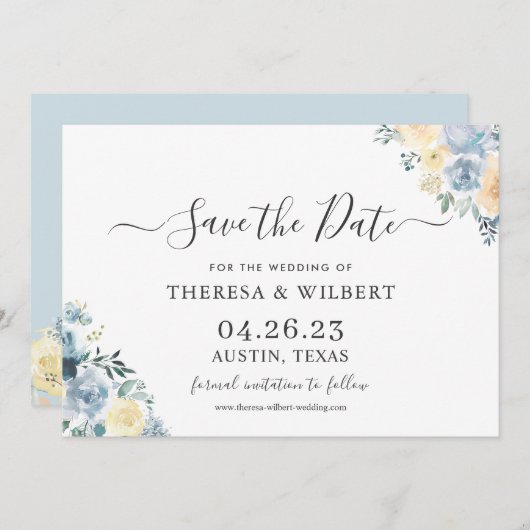 Bohemian Chic Vanilla Blue Wedding Save the Date Kaart (Voorkant / Achterkant)