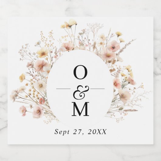 Bohemian Chic Wildflower Monogram Bruiloft Sparkling Wijnetiket (Enkel label)