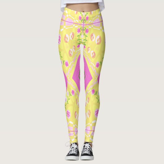 Bohemian Chintz illustratie geel roze groen Leggings (Voorkant)