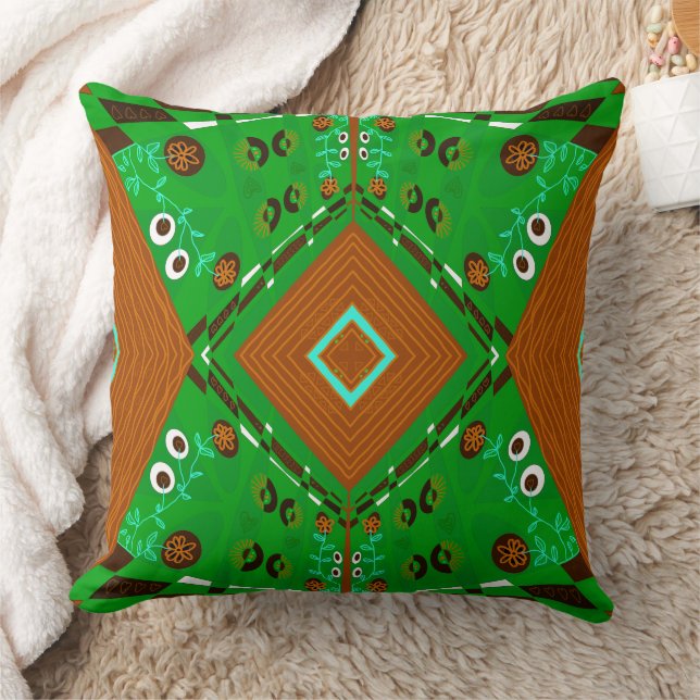 Bohemian Chintz Illustratie Groen Bruin Turquoise Kussen (Deken)