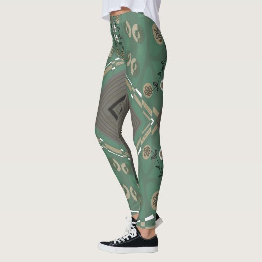 Bohemian Chintz Illustratie Groene Paddestoel Wit Leggings (Links)