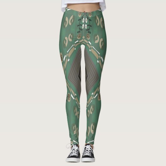 Bohemian Chintz Illustratie Groene Paddestoel Wit Leggings (Voorkant)