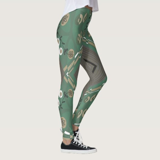 Bohemian Chintz Illustratie Groene Paddestoel Wit Leggings (Rechts)