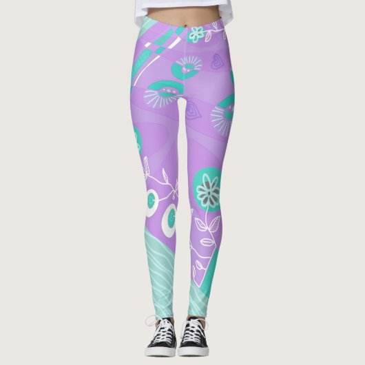 Bohemian Chintz Illustratie Lila Spearmint Wit Leggings (Voorkant)