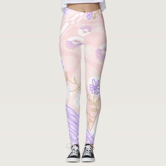 Bohemian Chintz Illustratie Pastel Roze Lavendel Leggings (Voorkant)