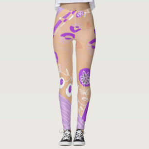 Bohemian Chintz Illustratie Perzik Paarse Wit Leggings