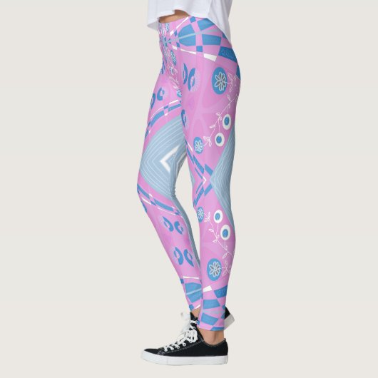 Bohemian Chintz Illustratie Roze Blauw Wit 2 Leggings (Links)