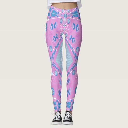 Bohemian Chintz Illustratie Roze Blauw Wit 2 Leggings (Voorkant)