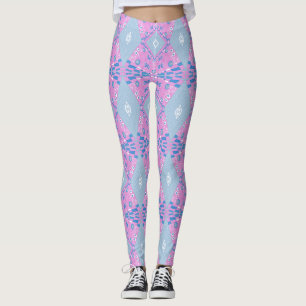 Bohemian Chintz Illustratie Roze Blauw Wit 4 Leggings