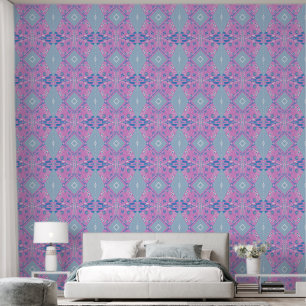 Bohemian Chintz Illustratie Roze Blauw Wit Behang