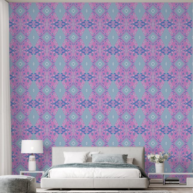 Bohemian Chintz Illustratie Roze Blauw Wit Behang (Slaapkamer)