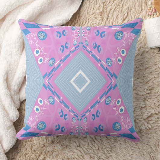 Bohemian Chintz Illustratie Roze Blauw Wit Kussen (Deken)