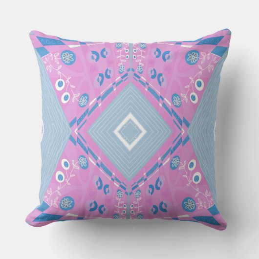 Bohemian Chintz Illustratie Roze Blauw Wit Kussen (Voorkant)
