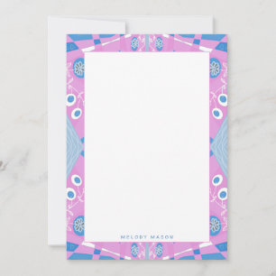 Bohemian Chintz Illustratie Roze Blauw Wit Naam Notitiekaartje