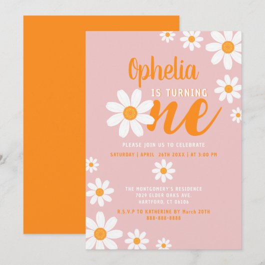 Bohemian Daisy 1st Birthday Party Dusty Roos Cute Kaart (Voorkant / Achterkant)