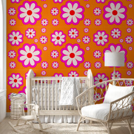 Bohemian Daisy Pattern Roze & Sinaasappel Retro Bl Behang