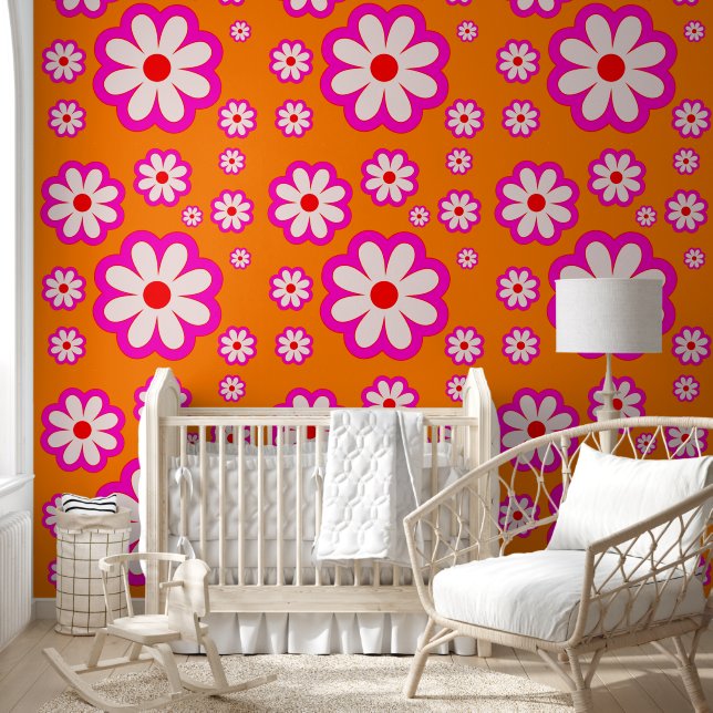 Bohemian Daisy Pattern Roze & Sinaasappel Retro Bl Behang (Kinderen)