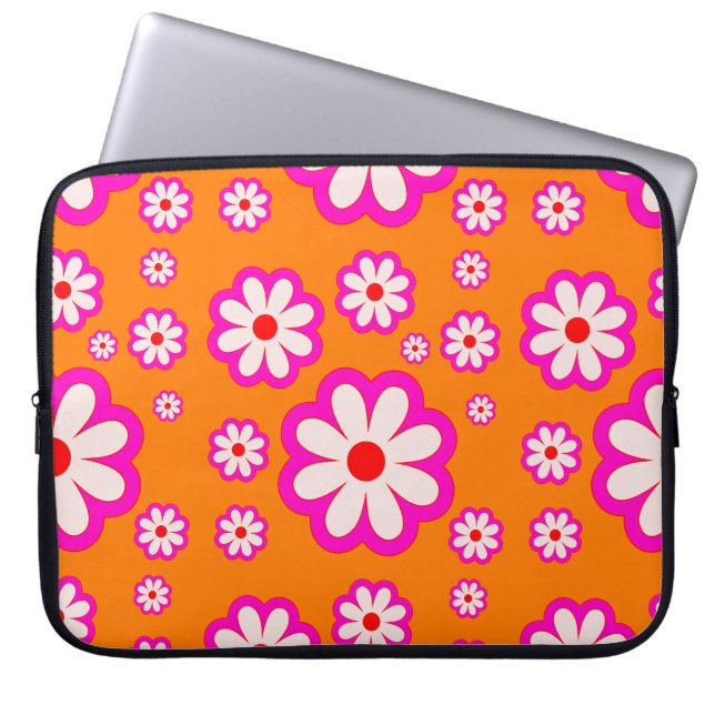 Bohemian Daisy Pattern Roze & Sinaasappel Retro Bl Laptop Sleeve (Voorkant)