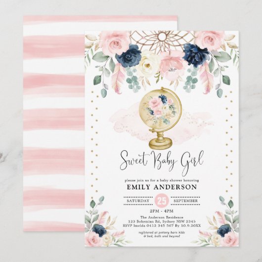 Bohemian Dreamweaver Navy Blush Gold Baby shower Kaart (Voorkant / Achterkant)