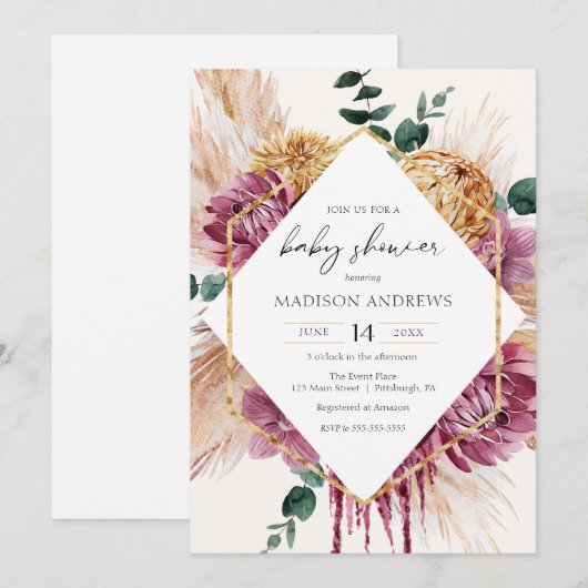 Bohemian Dried Bouquet Baby shower Invitation Kaart (Voorkant / Achterkant)