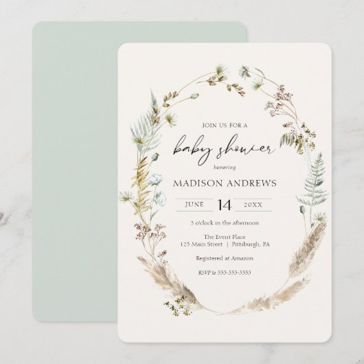 Bohemian Dried Bouquet Blauw Baby shower Uitnodigi Kaart (Voorkant / Achterkant)