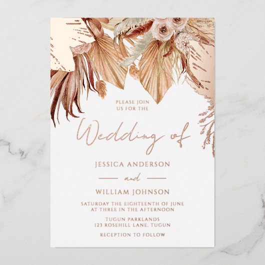 Bohemian Dried Floral Wedding Roos Gold Folie Uitnodiging (Voorkant)