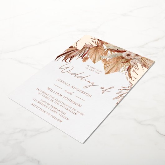 Bohemian Dried Floral Wedding Roos Gold Folie Uitnodiging (Gedraaid)