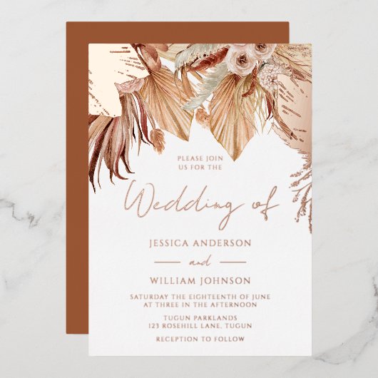Bohemian Dried Floral Wedding Roos Gold Folie Uitnodiging (Voorkant / Achterkant)