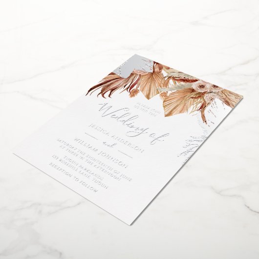 Bohemian Dried Floral Wedding Silver Folie Uitnodiging (Gedraaid)