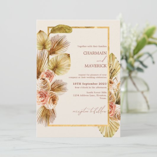 Bohemian Dried Flower Lijst Bruiloft Kaart (Staand voorkant)