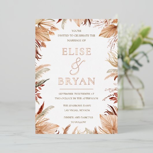 Bohemian Dried Leaves Roos Gold Boho Wedding Folie Uitnodiging (Staand Voorkant)