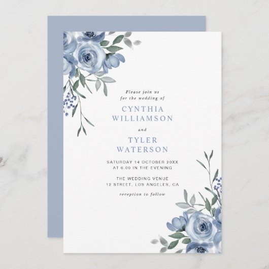 Bohemian Dusty Blauw Bloemen Bruiloft Kaart (Voorkant / Achterkant)