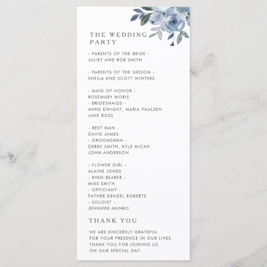 Bohemian Dusty Blauw Bloemen Bruiloft Programma Programmakaart (Achterkant)