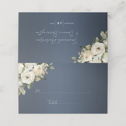 Bohemian Dusty Blauw en Wit Rozen Bruiloft Plaatskaartje (Buitenkant ongevouwen)