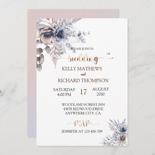 Bohemian Dusty blue bruiloft-uitnodiging Kaart (Voorkant / Achterkant)