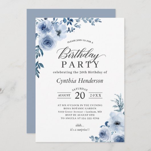 Bohemian Dusty Blue Floral Birthday Party Kaart (Voorkant / Achterkant)