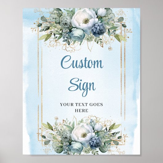 Bohemian Dusty Blue Floral Gold DIY Wedding Sign Poster (Voorkant)
