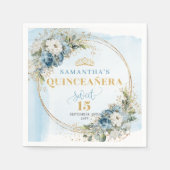 Bohemian Dusty Blue Floral Gold Glitter Quinceañer Servet (Voorkant)