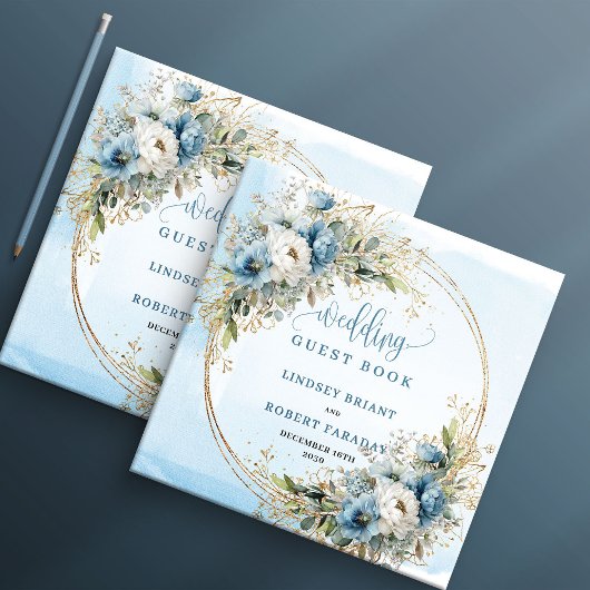 Bohemian Dusty Blue Floral Gold Glitter Wedding  Gastenboek