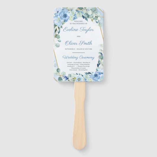 Bohemian Dusty Blue Floral Gold Lijst Programma Handwaaier (Voorkant)