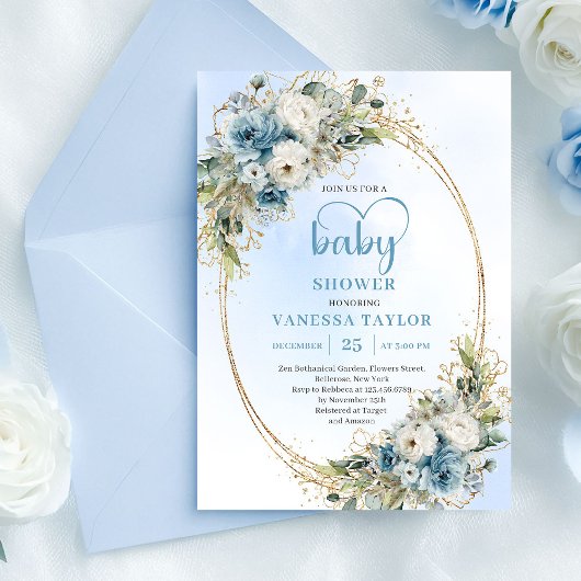 Bohemian Dusty Blue Floral Greenery Baby Shower  Kaart