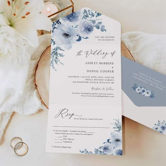 Bohemian Dusty Blue Floral Wedding All In One Uitnodiging