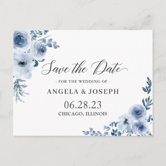 Bohemian Dusty Blue Floral Wedding Save the Date Uitnodiging Briefkaart (Voorkant)